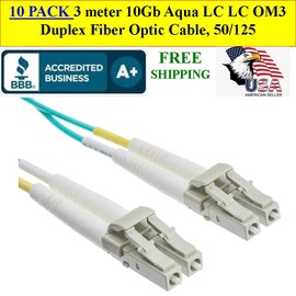 10 CABLES Fiber Optic Cable, 3 meters 10Gb Multimode LC to LC OM3 Duplex, 50/125