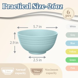 SINOGE Wheat Straw Bowls Set of 6, 26 OZ Cereal Bowls Unbreakable Plastic Bowls Reusable for Kitchen, Microwave & Dishwasher Safe Serving Bowls for Fruit,Salad,Oatmeal,Snack- Macaron Feast