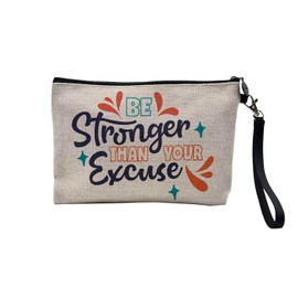 Tasche aus Leinen – Kollektion mit Zitat "Wellness" Englisch Typografie Nachricht Self Care psychische Gesundheit – Kosmetiktasche aus Leinen – Kulturbeutel – Geldbörse, Stronger Than Excuse, 23.5 x