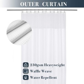 N&Y HOME Long Waffle Weave Shower Curtain 75 Inch Length with Snap-in Fabric Liner & Metal Hooks Set - Hotel Style, Waterproof & Washable, Heavyweight Fabric & Mesh Top Window - 71x75, White