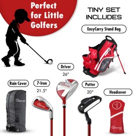 Shorties Golf - Tiny Kids Golf Club Set | Perfect for Toddler Golfers and Kids 34"-38" Tall | EasyCarry Stand Bag | Driver, 7-Iron, Putter, Headcover, and Rain Cover | Red Right Orientation
