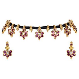 Aheli Red Stone Black Cotton Dori Choker Necklace with Earrings Thread Jewelry Gift for Women Indian Ethnic Temple Wedding Party Wear