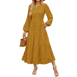 ZESICA Women's Fall Long Sleeve Maxi Dresses 2025 Crew Neck Swiss Dot Tiered Flowy A Line Casual Boho Party Dress Mustard Medium