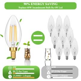 Dimmable E12 Candelabra LED Light Bulbs 60 Watt Equivalent, 2700K Soft Warm Whit Super Bright 630 Lumen Vintage LED Candle Light Bulb, 6W Clear Glass C32 Chandelier Light Bulbs, 6-Pack
