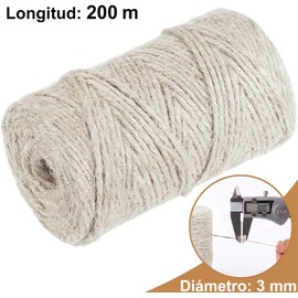 Cuerda de Yute Natural, Natural Trenzada de 3mm x 200m, Cordel de Yute con Cortador, Hilo de Yute, Yute En Rollo, para Manualidades, Envolver de Regalos, Materiales de Embalaje, Jardinería (Blanco)
