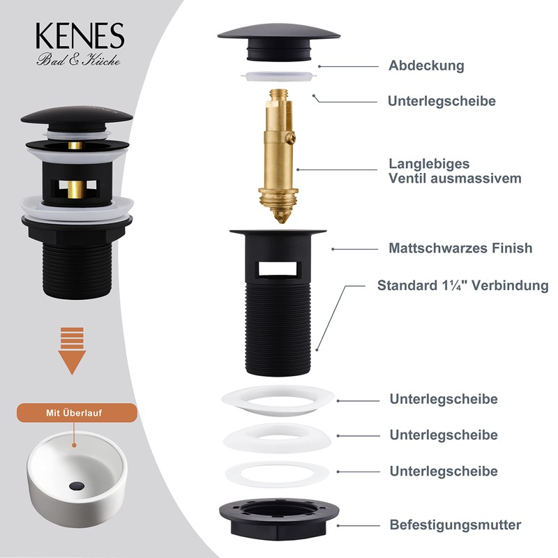 KENES Universal Pop-Up Drain Fitting for Washbasin/Sink, Sink Plug Pop
