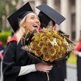 SEMONONIA DIY Glitter Roses Bouquet 24Pcs - Gold Artificial Glitter Rose with Stems Wrapping Paper 3D Butterflies Crowns for Graduations Anniversary Birthday Wedding Mother's Day Bouquets,for Her