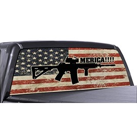 FGD Brand AR 15 Merica Truck Rear Window Wrap Full Color Distressed American Flag Perforated Vinyl Decal