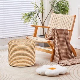 Wimarsbon 2Pcs Pouf Ottomans, Natural Seagrass Foot Stool, Hand Weaving Round Ottoman, Boho Decorative Seat, Jute Braided Pouffe Poof Accent Sitting Footrest for Living Room (18inch 68LI)