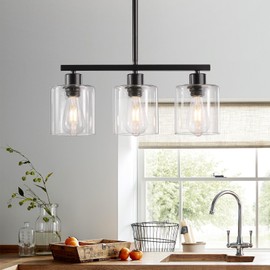 ROCUNSI 3-Light Kitchen Island Lighting, Black Pendant Light Fixture, Farmhouse Dining Room Light Fixtures Over Table, Modern Hanging Light Fixtures with Clear Glass, E26 Base, Bulbs Not Included