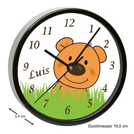 CreaDesign, Children's Wall Clock Personalised with Name, Teddy Bear Grass Motif, Black Frame, Diameter 19.5 cm