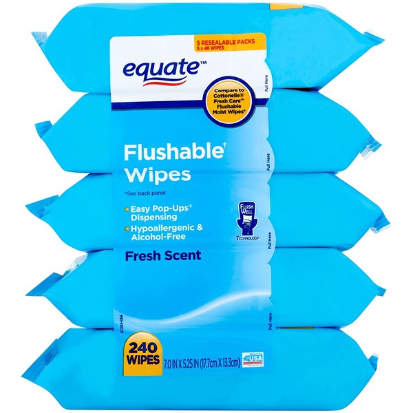 Equate Fresh Scent Flushable Wipes, 7" X 5.25", Count of 240, 5 Pack