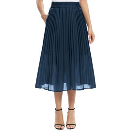 EXCHIC Women's Casual Elastic Waist A-Line Pleated Midi Skirt with Pocket (XL, Navy Blue)