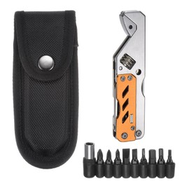 HARFINGTON 5 in 1 Multitool Wrench with Knife, Flat/Phillips Screwdriver and Bottle Opener, Folding Multifunctional Adjustable Wrenches with 9 in 1 Bits Set, Orange