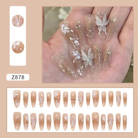 FOXIIU Press on Nails Almond Shaped Glossy Full Cover Acrylic Almond Medium Length False Nails with Designs Artificial Almond Fake Nails with Charm Glue on Nails Stick on Fingernails for Women(Z878)