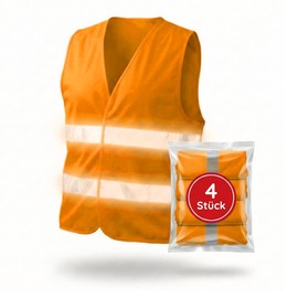 FLEXEO High Visibility Vests According to EN ISO 20471, for Car/Car, Adults, High Visibility Vest, Safety Vest for Motorcycle, Construction Site, Reflective Vest, EU Standard (Pack of 4, Orange)