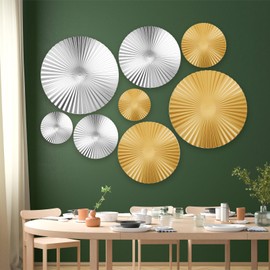 Beeveer 8 Pcs Silver and Gold Metal Wall Decor Set Metal Wall Art Wall Mount Modern Art Decor Large Sunburst Hanging Sculpture Circular Decorative for Home Office Bedroom Living Room(Silver and Gold)