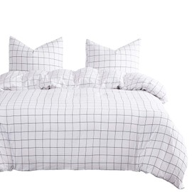 Wake In Cloud - Grid Comforter Set, Preppy Geometric Plaid Checkered Modern Pattern Printed, Soft Lightweight Bedding, 3 Pieces, White, Full Size