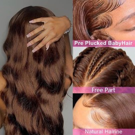 Kkioor Chocolate Brown Lace Front Wig Human Hair 13x4 Body Wave Lace Front Wigs for Women 180% Density Glueless Wigs Human Hair pre Plucked with Baby Hair 34 Inch