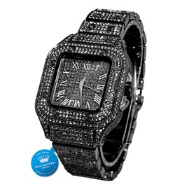 Halukakah Men's Diamond Watch ● King ● 18K Gold/Platinum Plated, Rhinestone Bracelet Handset Laboratory Diamonds, Choice of Cuban Chain Necklace Bracelet, Gift Box Available, Rhodium-plated black