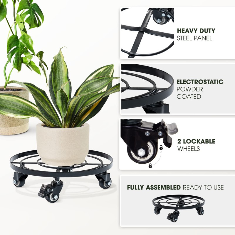 Idzo Round Heavy Duty Plant Caddy with Wheels, Cast Iron