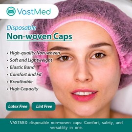 100 PCs Disposable Bouffant Caps by VASTMED | 100% Latex Free, Non-Woven, Non-Pleated | Hair Net for Food Services Salon Spa Catering and Dust-free