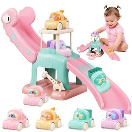 Dinosaur Car Ramp Slide Toy for Toddlers — 4 Push Cars with Race Track, Baby Slide Indoor Toy, Montessori Learning Birthday Gift for Boys Girls 1 2 3 Year Old (Pink)