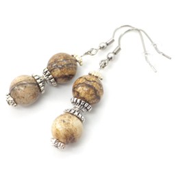 Damen-Ohrringe und Halskette-Schmuckset mit braunem Jaspis-Perlenanhänger und tibetischen Perlen