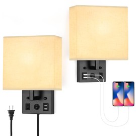Black Wall Sconces Set of Two, Bedside Wall Lights for Bedroom, Plug in Wall Sconce with USB Ports and Outlets, Modern Wall Lamp for Mirror Kitchen Living Room Hallway, E26 Base (LED Bulbs Included)