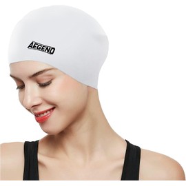 Aegend Swim Caps for Long Hair, Durable Silicone Swimming Caps for Women Men Adults Youths, Easy to Put On and Off, Waterproof Swim Hats Bathing Caps to Keep Hair Dry, 1 Pack, White