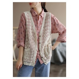 Qian qian Women's Vest, Lace Knitting, Hollow Knitting, V Neck Lace, Floral Pattern, Open Front, Vest, Sleeveless Top, Large Size, Thin, Loose, Sleeveless, Total Pattern, Commuting to Work OL, beige