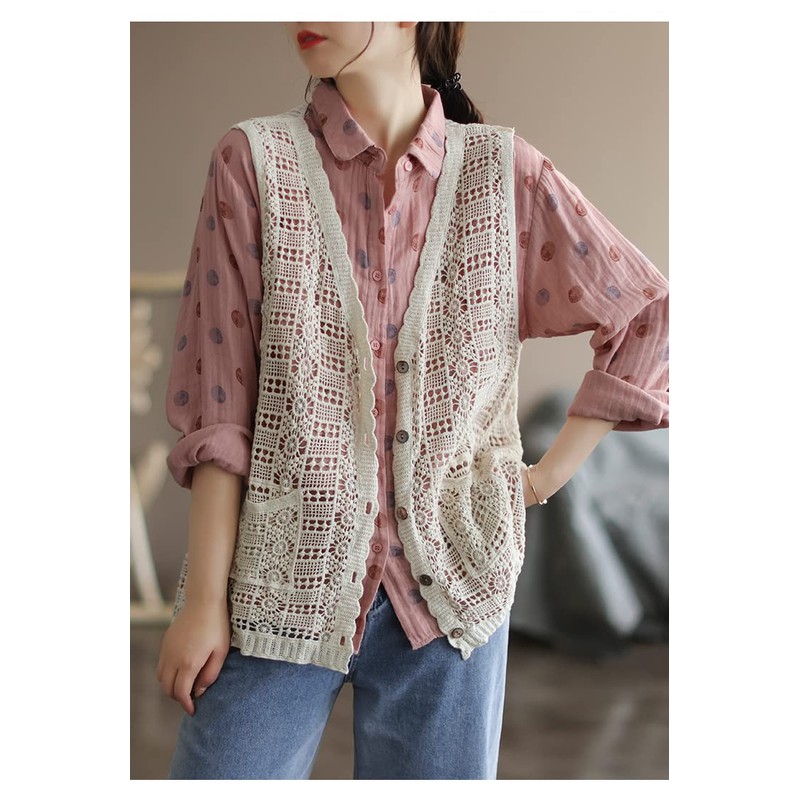 Qian qian Women's Vest, Lace Knitting, Hollow Knitting, V Neck