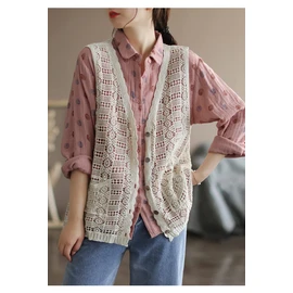 Qian qian Women's Vest, Lace Knitting, Hollow Knitting, V Neck Lace, Floral Pattern, Open Front, Vest, Sleeveless Top, Large Size, Thin, Loose, Sleeveless, Total Pattern, Commuting to Work OL, beige