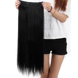 Real Fashion 17-26 inches Straight Curly Clip in Hair Extensions 3/4 Full Head Instant One Piece Full Head Hairpiece 26”-Straight, Dark black