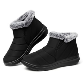 SHIBEVER Winter Waterproof Boots for Women: Snow Women Ankle Black Fur Lined Shoes Size 10 Slip On Warm Insulated Boot