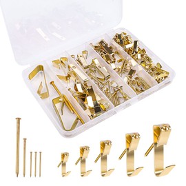 Pack of 120 Picture Hooks for Nailing, Picture Hooks Set with Nails, Picture Frame Hooks, Stainless Steel for Attaching Picture Frames, Mirrors, Artworks (5 Sizes, Gold)
