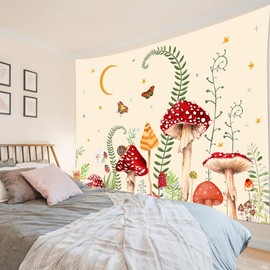 LB - Tapiz de hongos, colorido tapiz de mariposa para colgar en la pared, luna y estrella, color beige, para recámara, estético, plantas verdes, tapiz botánico para sala de estar, recámara universitario, decoración de 59 pulgadas de ancho x 51 pulgadas d