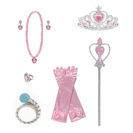 Princess Cape Set 10 Pieces Dress Up Accessories Party Cosplay Cloak Costumes with Jewelry Tiara Crown Wand Wig Golves for Little Girls(Pink)