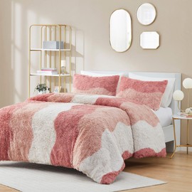 Intelligent Design Soft & Cozy Shaggy Faux Fur Duvet Cover Set, Trendy Ombre Design with Vibrant Color, All Seasons Soft Microfiber Duvet Bedding Cover, Sham, Cassie, Twin/Twin XL Blush Multi 2 Piece