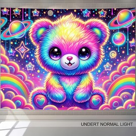 BlissYard Blacklight Teddy Bear Tapestry UV Reactive Rainbow Tapestry Neon Glow In the Dark Wall Hanging Tapestry for Kids’Bedroom Living Room Party Backdrop 59 X 78 inches Photo Shoot Props