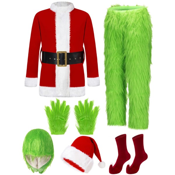 PAFIGA Christmas Costume Adult Men Santa Claus Outfit 7PCS Furry