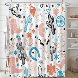 Mocsicka Western Shower Curtain Cowboy Cactus Shower Curtain with 12 Hooks Boho Farmhouse Country Abstrat Cow Skull Western Bathroom Decor Waterproof Fabric Bath Curtain, 72''X72''