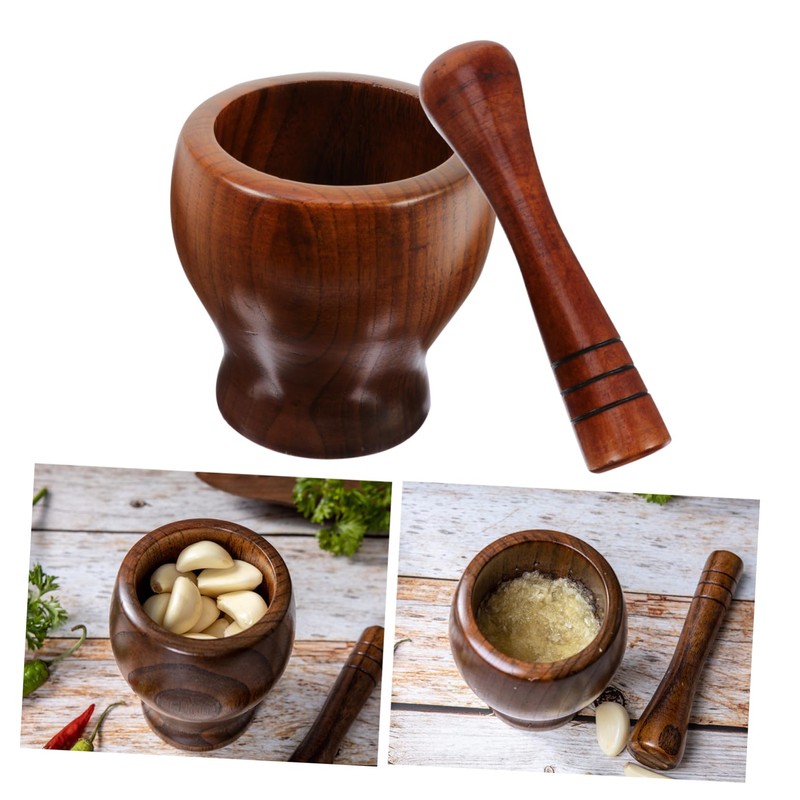 SHOWERORO 1set Wooden Garlic Pestle and Grinding Bowl Manual Crushing