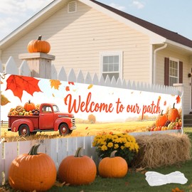 Welcome to Our Patch Large Banner 120x20 Inch, Happy Fall Autumn Harvest Pumpkin Maple Leaf Flag Holiday Party Farmhouse Decor Polyester Outdoor Hanging Banner with Reinforced Double Stitched Edges & 19.69ft Ribbon