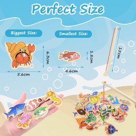 OFFCUP Fishing Toy, 31 Pieces Magnetic Fishing Game, with Two Fishing, Wooden Toy, Educational Toy, Gift for Children, Fishing Gift for Girls and Boys