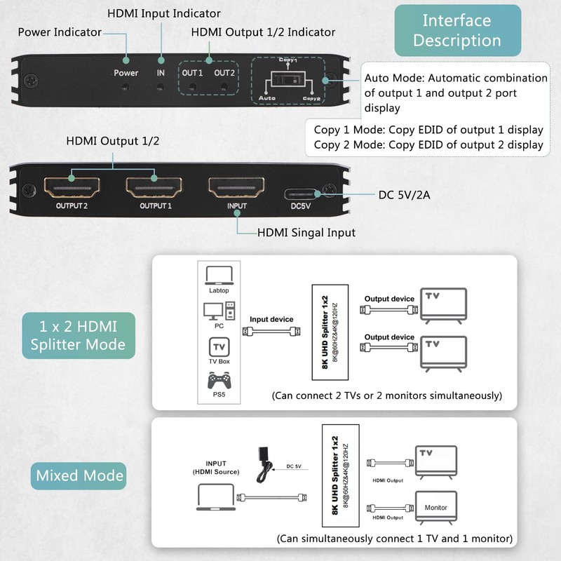 8K@60Hz HDMI Splitter 1 in 2 Out, 1x2 HDMI 2.1