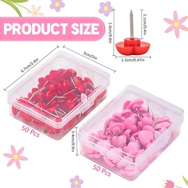Pack of 100 Heart Shape Push Pins, Heart-Shaped Push Pins, Cute Plastic Heart Push Pins, Love Heart Push Pins with Storage Box for DIY Photos School Office Cork Panels Wall Decoration (Pink, Red)
