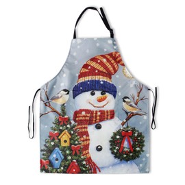 Christmas Apron with 2 Pockets Xmas Tree Bird Snowman Apron with Adjustable Neck Strap Waterproof Chef Xmas Holiday Kitchen Apron for Women Men Party Cooking BBQ Gift