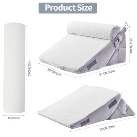 Hogrance Wedge Pillow for Sleeping, 3PCS Bed Pillow for Side Sleeping, L29 x H22 Body Pillow with Memory Foam, White Grey
