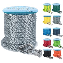 Anchor Rope 50 Ft x 3/8 Inch Premium Solid Braid MFP Anchor Line Braided Anchor Rope with 316 Stainless Steel Thimble and Heavy Duty Shackle Marine Anchor Rope Grey